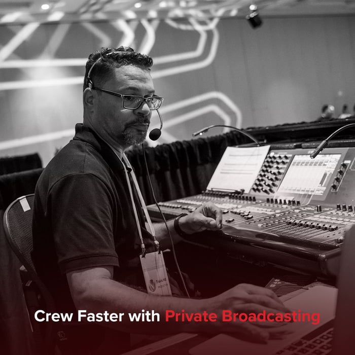 Technician wearing a headset, operating audio equipment at a control desk with text overlay 'Crew Faster with Private Broadcasting.
